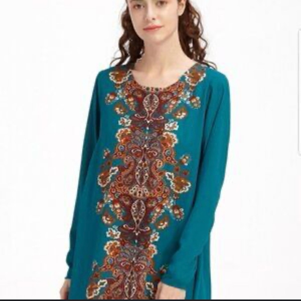 Xhiliaration Teal Long Sleeve Swing Dress with Paisley Pattern